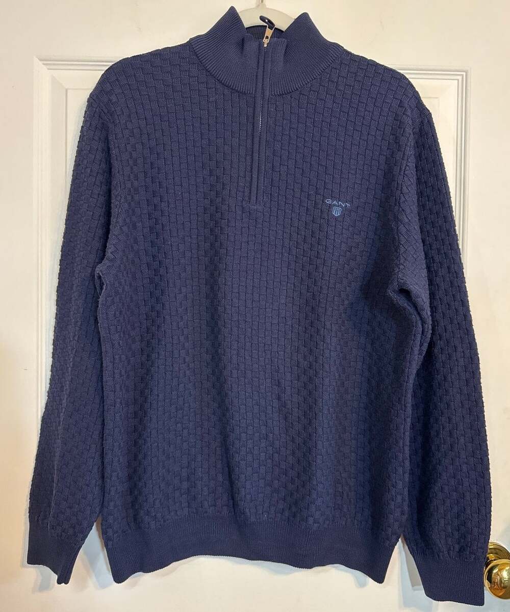 GANT Men's Cotton Texture Half Zip Sweater Navy Blue Size Large